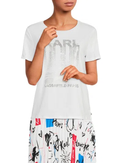 Karl Lagerfeld Women's Stretch Cotton Logo T-shirt In White Silver