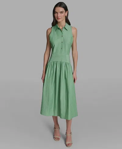 Karl Lagerfeld Stripe Sleeveless Cotton Blend Midi Shirtdress In Green