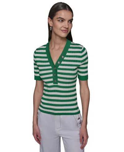 Karl Lagerfeld Women's Stripe Short-sleeve Sweater In Flore Green  Soft White
