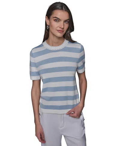 Karl Lagerfeld Women's Stripe Short-sleeve Sweater In Soft White  Chambray