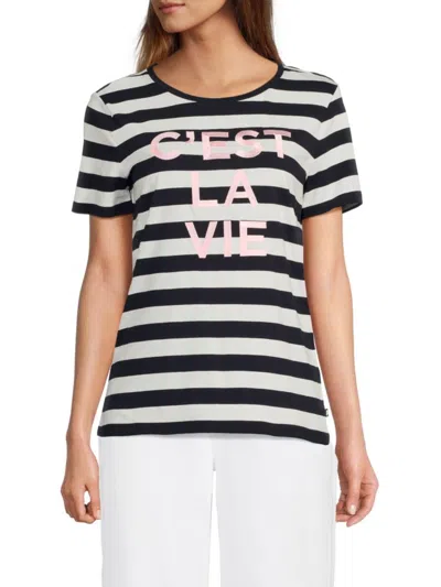 KARL LAGERFELD WOMEN'S STRIPED C'EST LA VIE GRAPHIC T-SHIRT