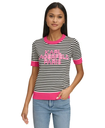 Karl Lagerfeld Women's Striped Crewneck Logo Sweater In Soft White  Black  Fuchsia