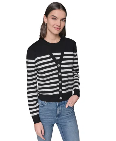 Karl Lagerfeld Women's Striped Crystal-button Cardigan In Black,soft White