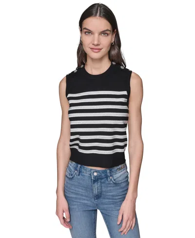 Karl Lagerfeld Women's Striped Crystal-button Sleeveless Sweater In Black  Soft White