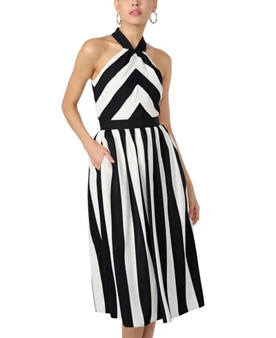 Karl Lagerfeld Women's Striped Halter-neck Dress In Black,soft White