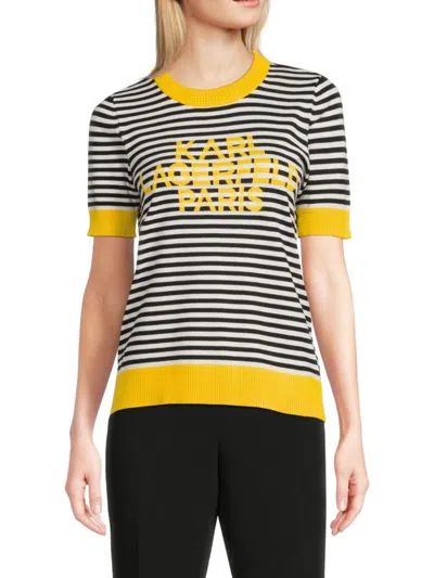 Karl Lagerfeld Women's Striped  Paris Sweater Tee In Black Daffodil