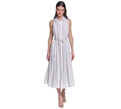 Karl Lagerfeld Women's Striped Linen Midi With Rope Belt Shirtdress In Neutral