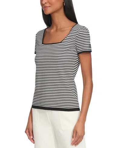 Karl Lagerfeld Women's Striped Square-neck Short-sleeve Sweater In Black,soft White