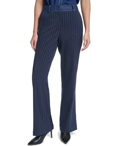 Karl Lagerfeld Women's Striped Straight-leg Denim Waistband Pants In Navy,gold