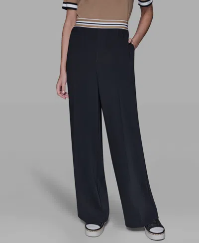 Karl Lagerfeld Women's Striped Wide Leg Pull-on Pants In Black