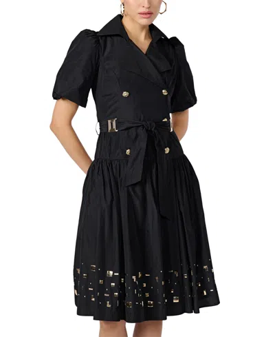 Karl Lagerfeld Women's Studded-hem Puff-sleeve Belted Dress In Black