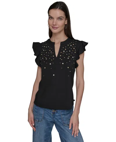 Karl Lagerfeld Women's Studded Ruffle Knit Top
