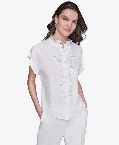Karl Lagerfeld Women's Studded Ruffled Button-front Shirt In White