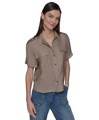 KARL LAGERFELD WOMEN'S STUDDED SHORT-SLEEVE SHIRT