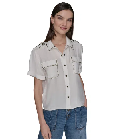 Karl Lagerfeld Women's Studded Short-sleeve Shirt In White