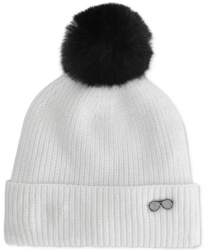 Karl Lagerfeld Women's Sunglasses Pin Faux-fur Pom Beanie In Ivory