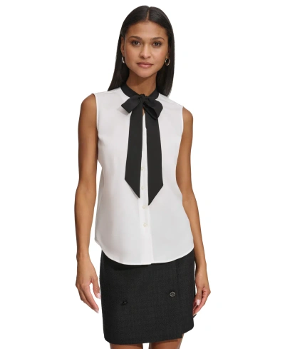 Karl Lagerfeld Women's Tie-neck Button-front Sleeveless Top In Soft White,black
