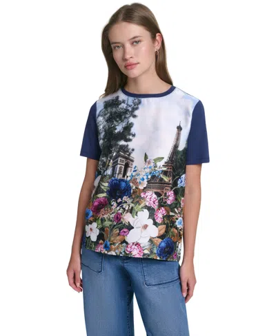 Karl Lagerfeld Women's Tie-front Graphic Sweater In Naval Academy