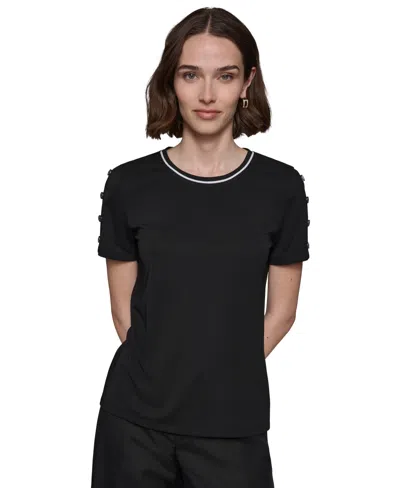 Karl Lagerfeld Women's Tipped Button-trim Short-sleeve Top In Blk,sft Wt
