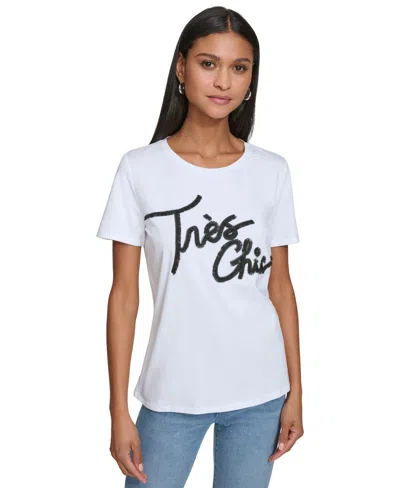 Karl Lagerfeld Women's Tres Chic Fringe-logo T-shirt In White  Black