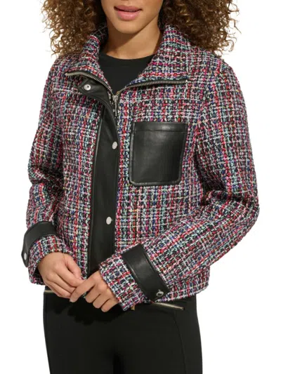 Karl Lagerfeld Women's Tweed Faux Leather Moto Jacket In Black Multi