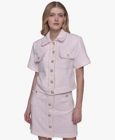 Karl Lagerfeld Womens Tweed Button Front A Line Skirt Button Front Shirt In Parfait Pink,soft White