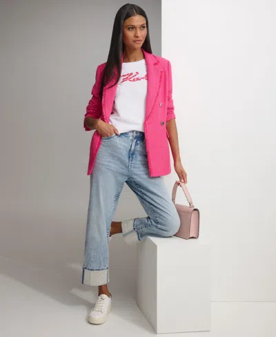 Karl Lagerfeld Womens Tweed Blazer Floral Short Sleeve Graphic T Shirt Rhinestone Cuff Jeans In Fuchsia