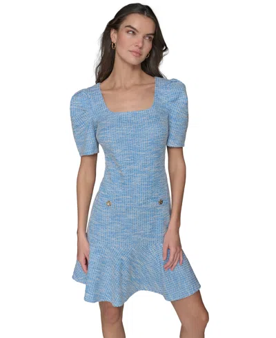 Karl Lagerfeld Women's Tweed Puff-sleeve Square-neck Sheath Dress In Blue