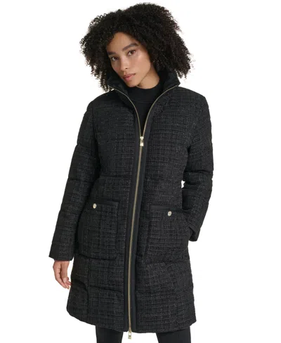 Karl Lagerfeld Women's Tweed Sparkle Long Puffer Coat In Black