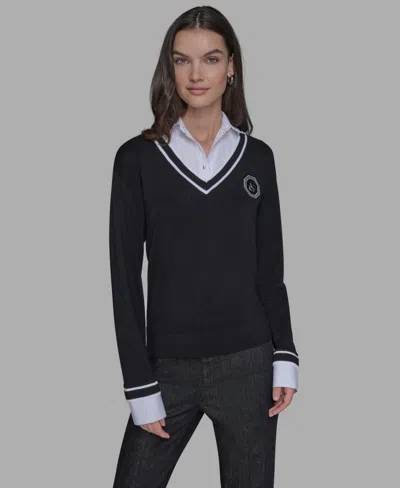 Karl Lagerfeld Women's Twofer Patch V-neck Sweater In Black