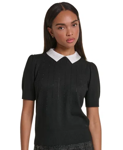 Karl Lagerfeld Womens Collared Short Sleeve Sweater In Black