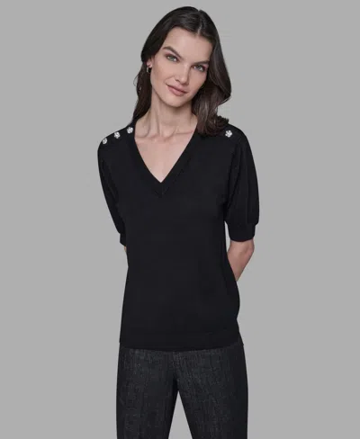 Karl Lagerfeld Women's V-neck Button Detail Sweater In Black