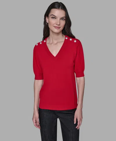 Karl Lagerfeld Women's V-neck Button Detail Sweater In Red