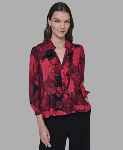 Karl Lagerfeld Women's V-neck Floral Print Ruffle Detail Top In Multi