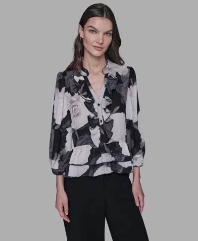 Karl Lagerfeld V-neck Floral Print Ruffle Blouse In Charcoal In Black