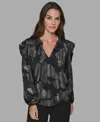 Karl Lagerfeld Women's Luxe V-neck Metallic Print Long-sleeve Top In Black