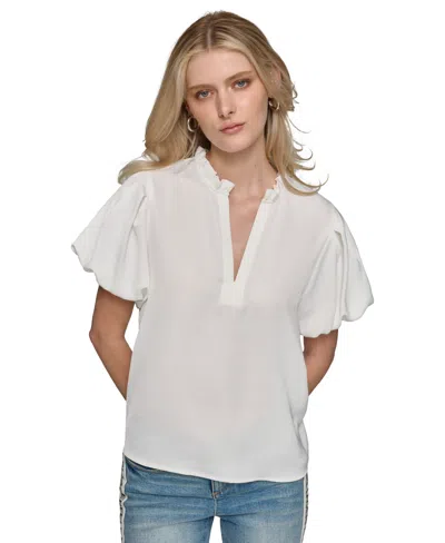 Karl Lagerfeld Women's V-neck Puff-sleeve Blouse In Soft White