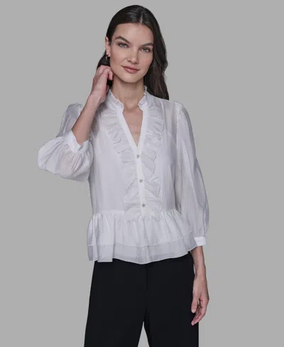 Karl Lagerfeld Women's V-neck Ruffle Detail Top In White
