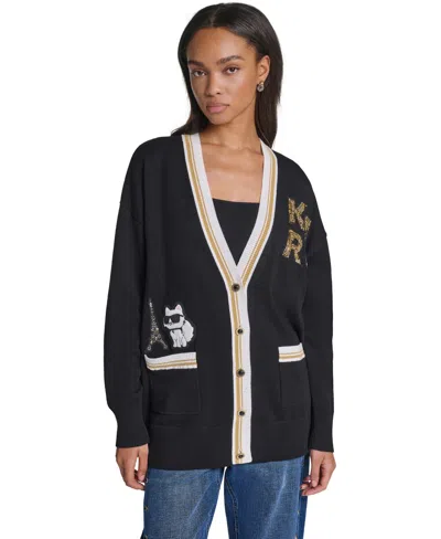 Karl Lagerfeld Women's Varsity Oversized Patch V-neck Cardigan Sweater In Black