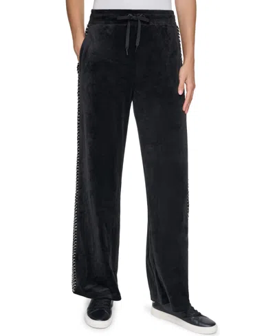 Karl Lagerfeld Women's Velour Tweed-side-tape Mid-rise Joggers In Black
