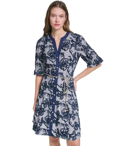 Karl Lagerfeld Soutache Trim Chain Belt Shirtdress In Blue