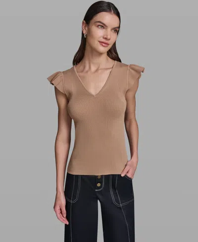 Karl Lagerfeld Women's V-neck Flutter Cap-sleeve Sweater In Brown