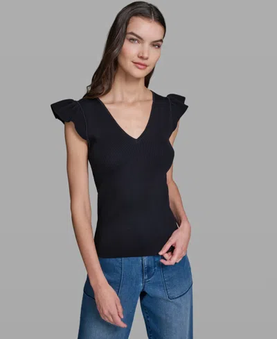 Karl Lagerfeld Women's V-neck Flutter Cap-sleeve Sweater In Multi