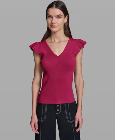 Karl Lagerfeld Women's V-neck Flutter Cap-sleeve Sweater In Multi