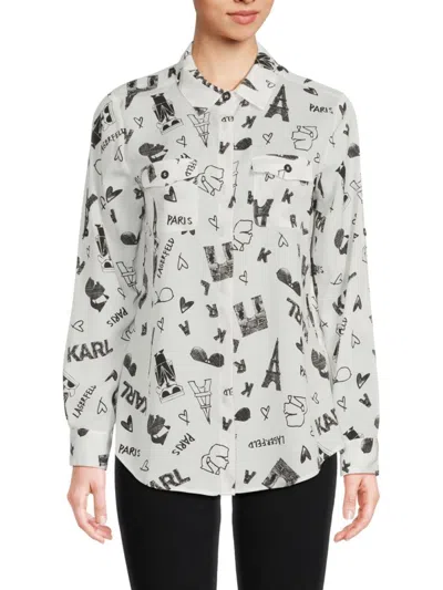 Karl Lagerfeld Women's Whimsical Print Button-front Shirt In White Black