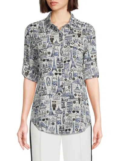 Karl Lagerfeld Women's Whimsical Print Button-front Shirt In White Multi