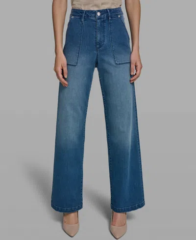Karl Lagerfeld Women's Wide-leg Mid-rise Ankle Length Jeans In Blue