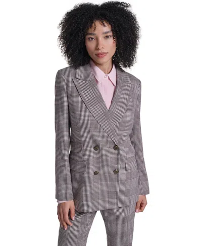 Karl Lagerfeld Womens Woven Plaid Double Breasted Jacket Sheer Long Sleeve Point Collar Blouse Plaid Wide Leg Mid R In Gray