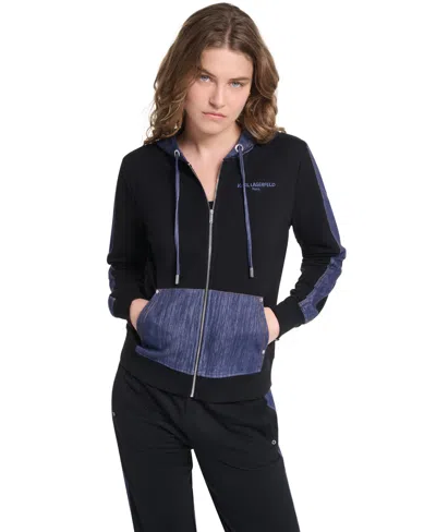 Karl Lagerfeld Women's Zip-up Denim-contrast Hooded Jacket In Black