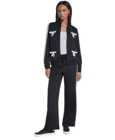 Karl Lagerfeld Womens 3d Bow Mock Neck Zipper Jacket Mid Rise Wide Leg Joggers In Black